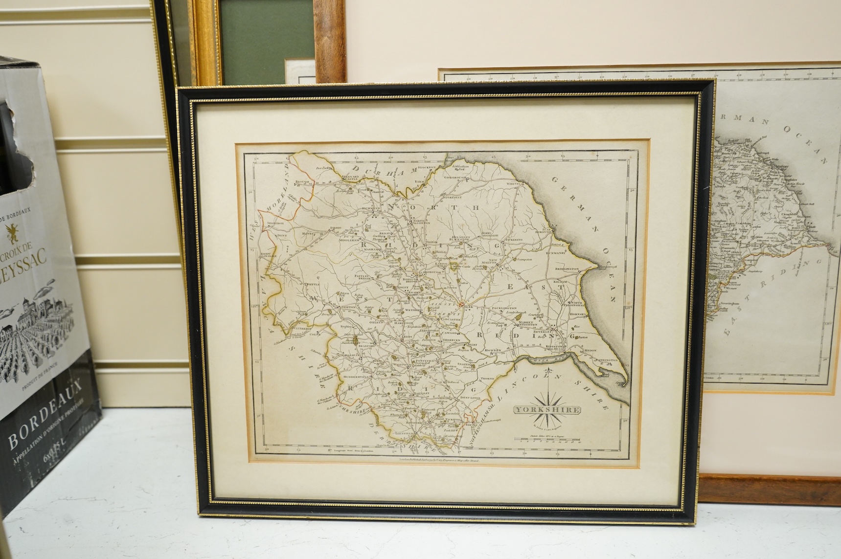 A collection of engraved maps including an example after Jan Jansson, and five late 18th century examples after J Cary, Yorkshire, published 1787 and 1793, framed, largest 38 x 50cm